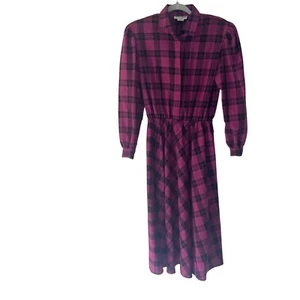 Pierre Cardin Vintage Womens Midi Shirt Dress Size 8 Pink Black Plaid Career - Picture 1 of 19