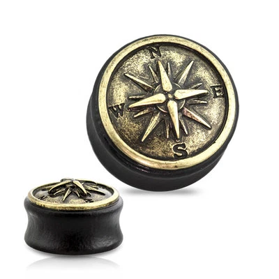 Flesh Tunnel Plug Inlay Piercing Sono Holz Wood Kompass Navigation Herren Damen - Bild 1 von 2