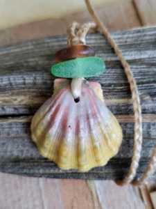 Hawaiian Sunrise Shell & Sea Glass Necklace Sinew Braid Teen Beach Men Gift - Picture 1 of 7