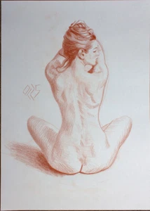 Original Female red Crayon on paper life Drawing nude Girl woman artwork art - Picture 1 of 1