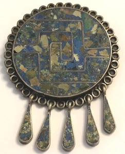 ❤️Vintage Tereu Mexican Aztec Inlayed ~ Necklace or Pin Silver Turquoise Lapis❤️ - Picture 1 of 4