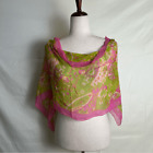 Vintage 70s Groovy Boho Silk Scarf Paisley Floral Scalloped  Hot Pink Neon Green