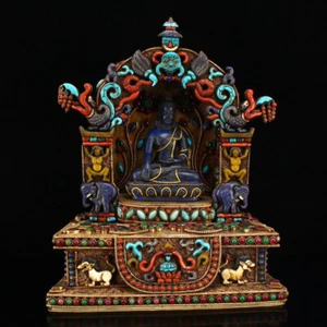 Tibetan Buddhism Lapis Lazuli Sakyamuni Buddha Statue With Silver Wire Inlay Gem - Picture 1 of 16