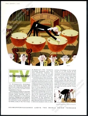 1962 Schweppes soda timpani player Stephen Potter text George Him art vintage ad - Image 1 of 4