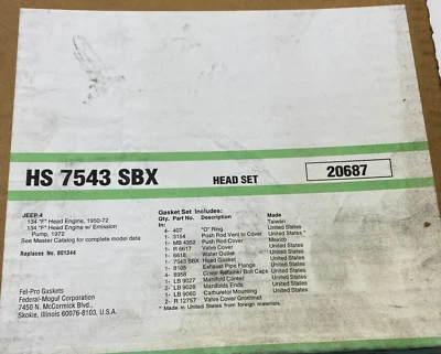 Fel-Pro HS 7543 SBX Engine Cylinder Head Gasket Set JEEP 4 134 'F'Head Engine - Image 1 of 3