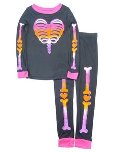 Girls Black & Pink Multicolored Bones & Hearts Halloween Pajamas Sleep Set - Picture 1 of 2