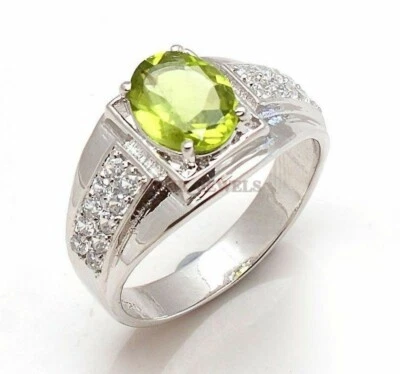 Piedras preciosas de peridoto natural con anillo de plata enchapado en oro blanco de 14K para hombre #1384 Foto 1 de 4