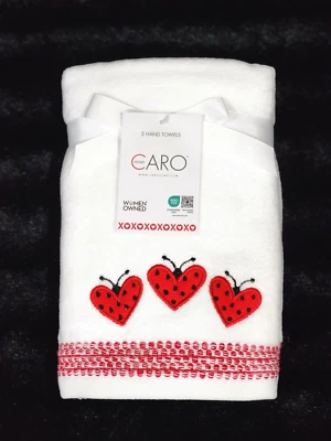 Caro Home Red Ladybug Hearts on White Hand Towels 2pc Valentine's Terry Velour - Image 1 of 4