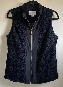 Charter Club Vest Petite Womens PS Black Velvet Paisley Print Full Zip Pockets - Picture 1 of 15