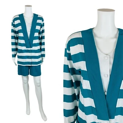 Cárdigan de Colección Años 80 Rayas Mameluco Verde Azulado Mangas Raglán Ilusión Mono de Juego Foto 1 de 4