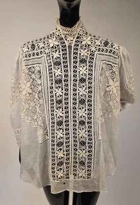 ПРИЧУДЛИВЫЙ РУЧНОЙ РАБОТЫ EDWARDIAN КРУЖЕВА БЛУЗКА W ВЫСОКИЙ ВОРОТНИК - Изображение 1 из 4