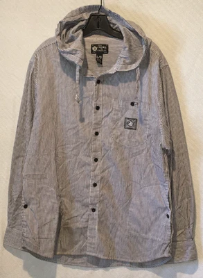 MEN'S size L CROOKS & CASTLES LONG SLEEVE STRIPED BUTTON UP HOODED CASUAL SHIRT - Image 1 of 4