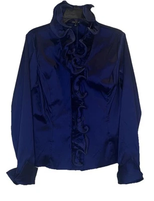 Top Samuel Dong Azul Tafetán Volantes Abotonado Manga Larga Puño Francés Elástico M Foto 1 de 4