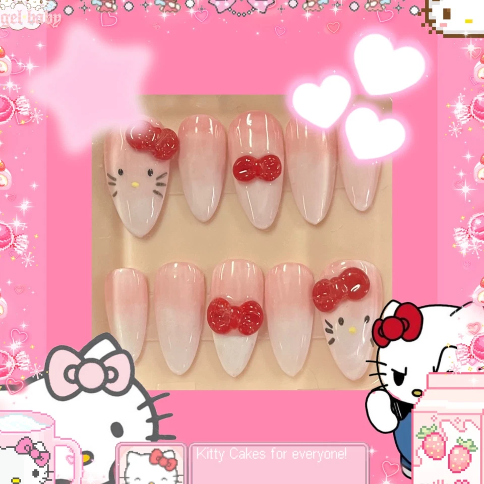 Uñas almendra pintadas a mano rosa ombre hello kitty (pegamento no incluido) Foto 1 de 1