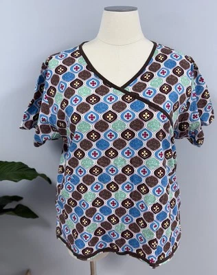 Dickies Scrub Top XL Floral Mock Wrap Scrubs Cotton Brown & Multicolor Scrubs - Image 1 of 4