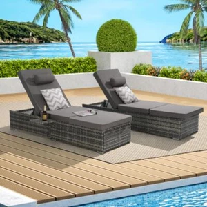 Outdoor Chaise Lounge Chair Set of 2 w/Storage,Beach Rattan Recliners w/Cushion - Picture 1 of 3