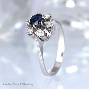 Anillo En 585 Oro Blanco-1 Zafiro+6 Diamantes 0,25 Qt. Wesselton / If ( Puro) - Imagen 1 de 5