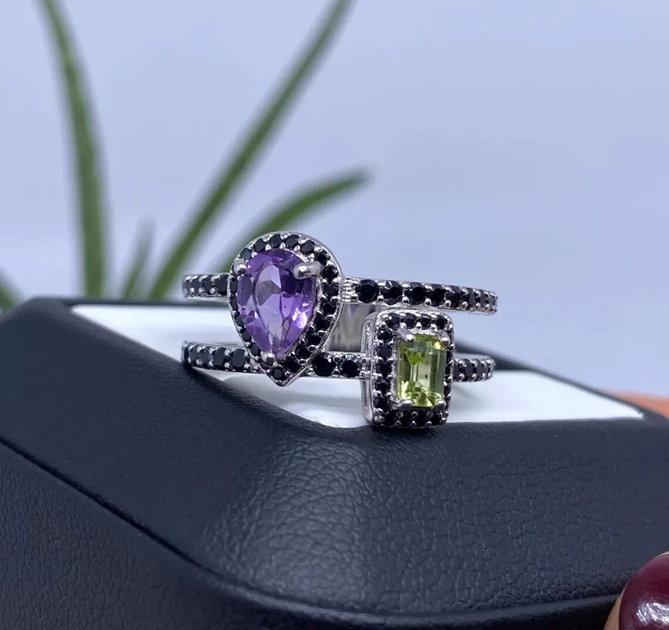 Anillo con Amatista, Peridoto y Espinela Negra Piedras Preciosas Naturales, Plata 925, 8 EE. UU. Foto 1 de 4