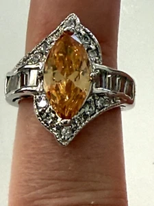 Citrine Marquise Cut Silver Tone Ring Size 6 Jewelry Fashion Costume - Picture 1 of 9
