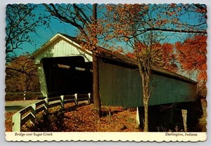 Postcard Covered Bridge over Sugar Creek Darlington Indiana Autumn Fall Colors - Picture 1 of 2