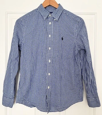 Excelente estado usado! Camisa polo masculina elástica Gingham xadrez azul tecido RALPH LAUREN L 14-16 - Imagem 1 de 4