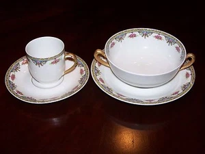 A. LANTERNIER, CREAM SOUP & DEMITASSE CUP  SET  Pink roses, tan band, smooth edg - Picture 1 of 4
