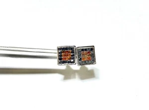 14k White Gold Square Shaped Earrings with 1.40CTS Black and Orange Diamonds - Picture 1 of 6