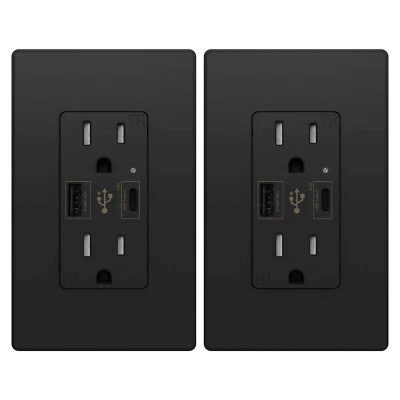 MICMI USB C Charger Wall Outlet 4.8A High Speed Duplex Receptacle 15 Amp Black 2 Pack