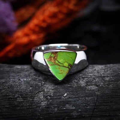 Solid 925 Sterling Silver Natural Green Copper Turquoise Gemstone Men's Ring - Image 1 of 4