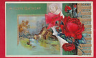 Birthday glossy embossed pc/ red roses/cottages/water/gold designs/green bkgrd