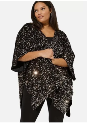 New Torrid Kimono Shawl Wrap Ruana Plus Size OSFM Black Sequined Velvet Satin - Image 1 of 4