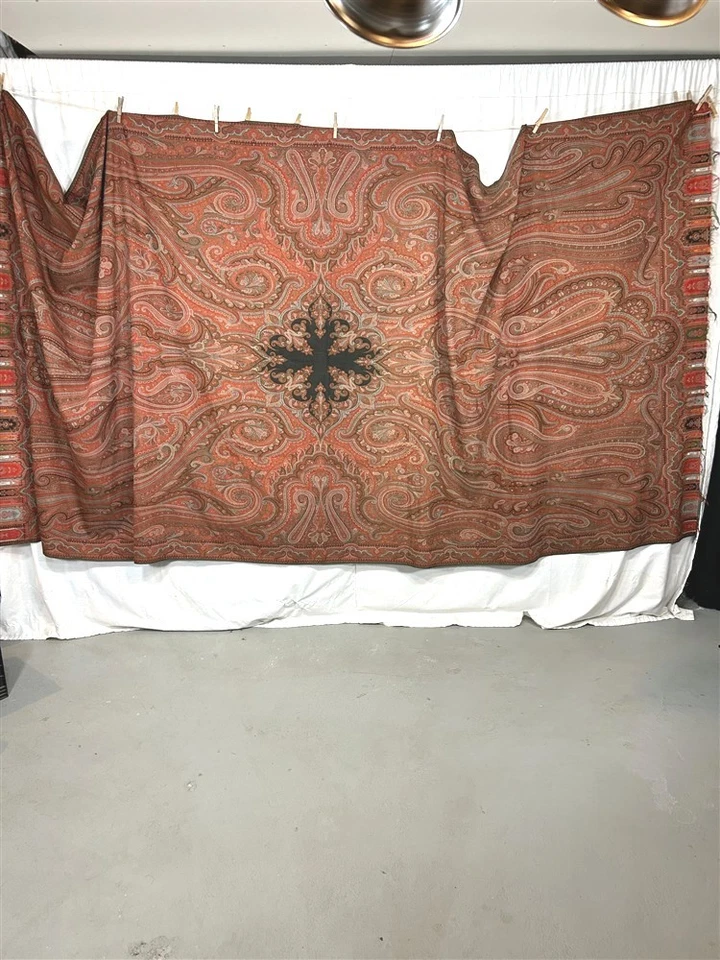 antique paisley woven wool large 65x133 black center hand made 19th c 1800s - Image 1 of 4