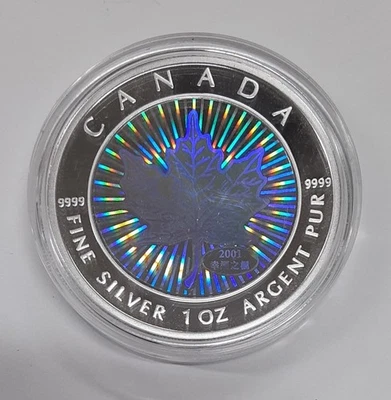 2001 Canada Maple Leaf $5 Silver Proof Coin Chinese Hologram Series w/Box & COA - Image 1 of 3