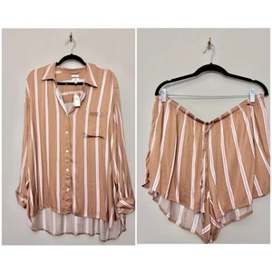 Conjunto de pijama de satén a rayas American Eagle Aerie para mujer talla XL marrón largo corto - Imagen 1 de 10