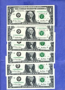 2 REPEATER #'s (7003-7003 & 5737-5737) + 4 other Fancy $1's all GEM Uncirculated - Picture 1 of 2