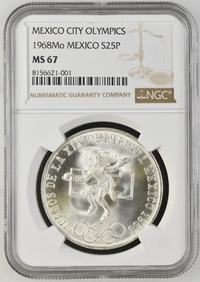 Mexico 1968-Mo Silver 25 Pesos Olympics Type 1 KM-479.1 NGC MS67 ( As Pictured)  - Image 1 of 2