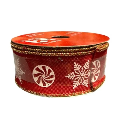 Place & Time Holiday Ribbon 1.5 Inch X 10 Yards Red With Peppermint & Snowflakes - Image 1 of 4