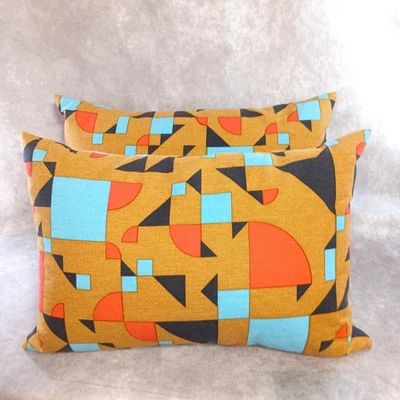2 Mid Century Modern Geometric Lumbar Throw Pillows  Feather Inserts Retro Décor - Image 1 of 4