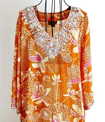 Peppermint Bay Boho India Tunic Top Beach Pool Cover-Up Orange & Pink -  Sz XL - Image 1 of 4