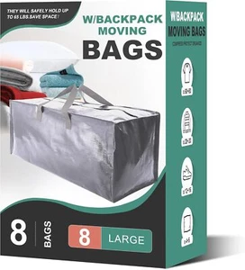 Heavy Duty Moving Bags w/ Backpack Straps, Storage Totes, 8 Pack (Silver) - Picture 1 of 7