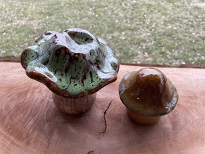 2 Pc Ceramic Indoor/Outdoor Mushroom Figurines Garden Decor Drip Glaze Tops - Picture 1 of 8