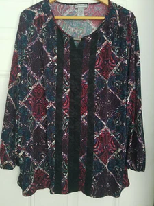 Women's Catherines Multicolor Black LaceTrim SilkyStretchy Flowy Tunic 0X(14/16) - Picture 1 of 12