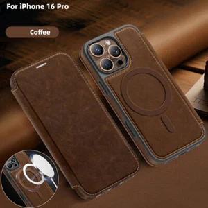 Custodia magnetica per iPhone 16 15 14 Pro Max 16E 13 Magsafe flip cover in pelle - Foto 1 di 18