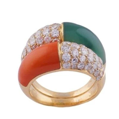 Anello da donna corallo e smeraldo creato in laboratorio taglio brillante... - Immagine 1 di 4