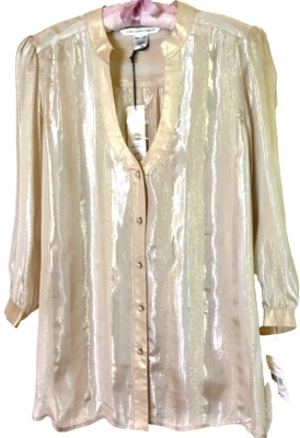 全新带标签 $198 DIANE von FURSTENBERG ELIAS 丝绸混纺银色/金色罩衫 3/4 袖 12 — 第 1/4 张图片