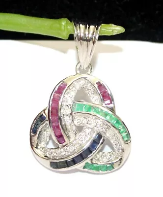 0.48ct Diamante Redondo Natural Rubí Sapphire Emerald 14k Oro Blanco Colgante - Imagen 1 de 4