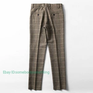 Men's Wool Blend Herringbone Tweed Pants Vintage Trousers Checked Straight Leg - Picture 1 of 13