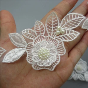 10x White Pearl Beaded Flower Embroidered Lace Patch DIY Sewing Craft Decoration - Picture 1 of 4
