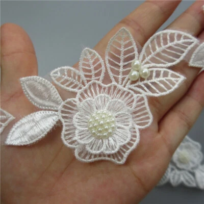 10x White Pearl Beaded Flower Embroidered Lace Patch DIY Sewing Craft Decoration - Image 1 of 4