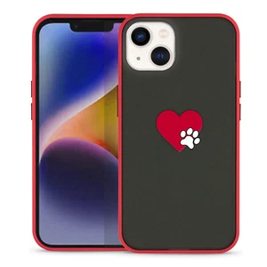 For iPhone 14 Smoke / Red Design Frosted TPU + PC Bumper Case - Dog Paw w/ Heart - Picture 1 of 6